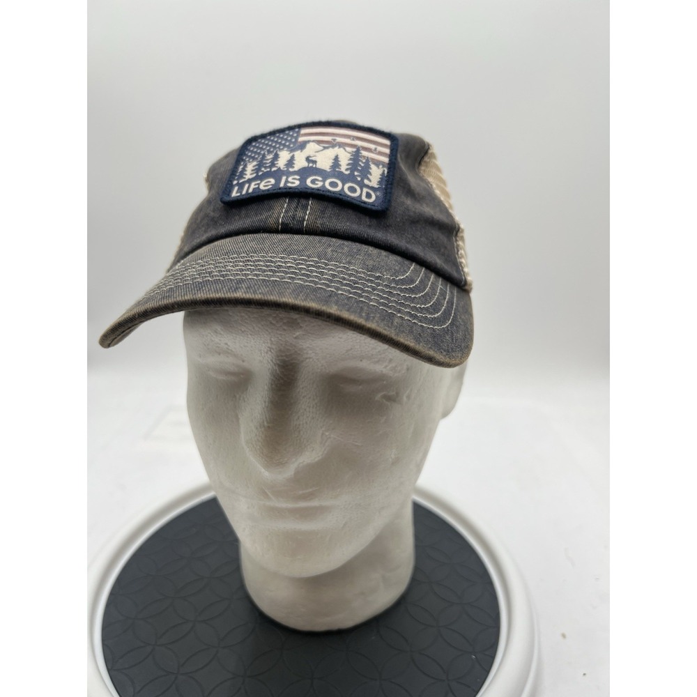 Life is Good Trucker Hat American Flag Deer Mountains Mesh Snapback Cap S23